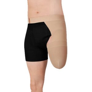 Meia de coto acima do joelho com cinto de fixação na anca